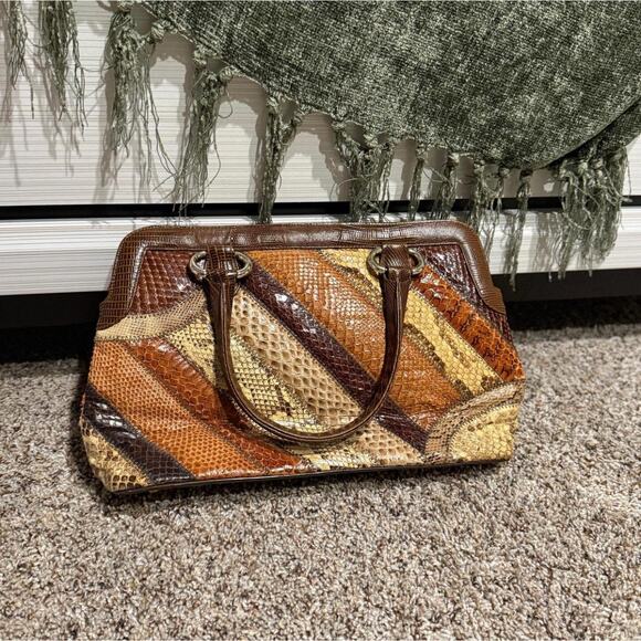 Supreme Vintage Patchwork Snakeskin Leather Handbag Brown Tan Top Handle Purse - Picture 10 of 12